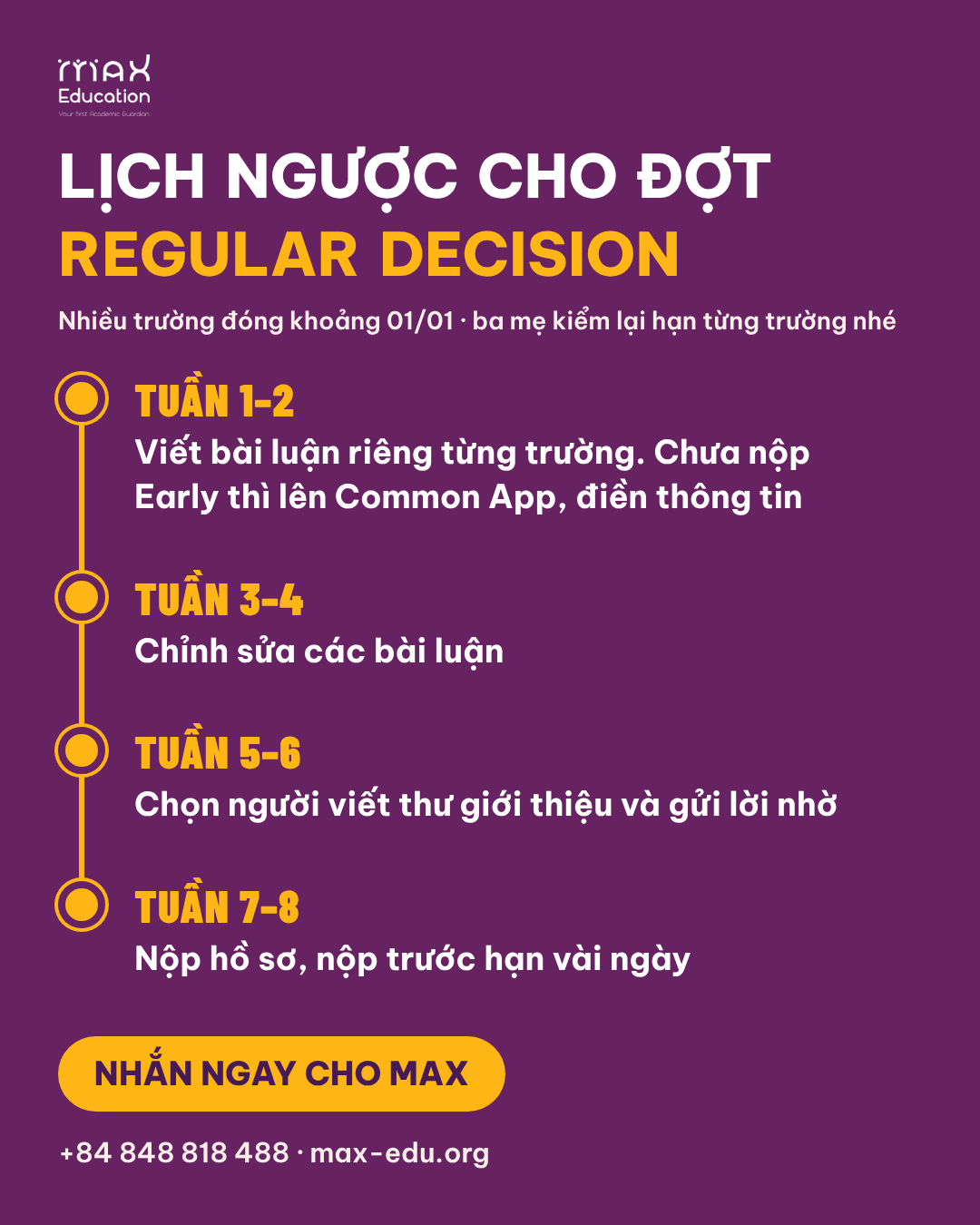 Lịch ngược cho đợt Regular Decision: tuần 1–2 viết bài luận, tuần 3–4 chỉnh sửa, tuần 5–6 thư giới thiệu, tuần 7–8 nộp hồ sơ